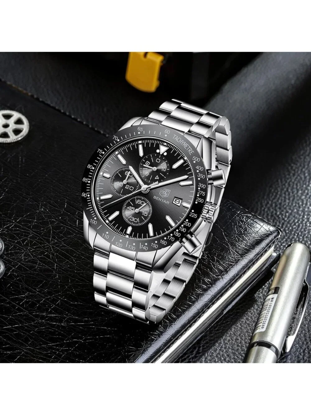 Mens Black Face Analog Silver Strap Chronograph Luminous Designer Casual Watch